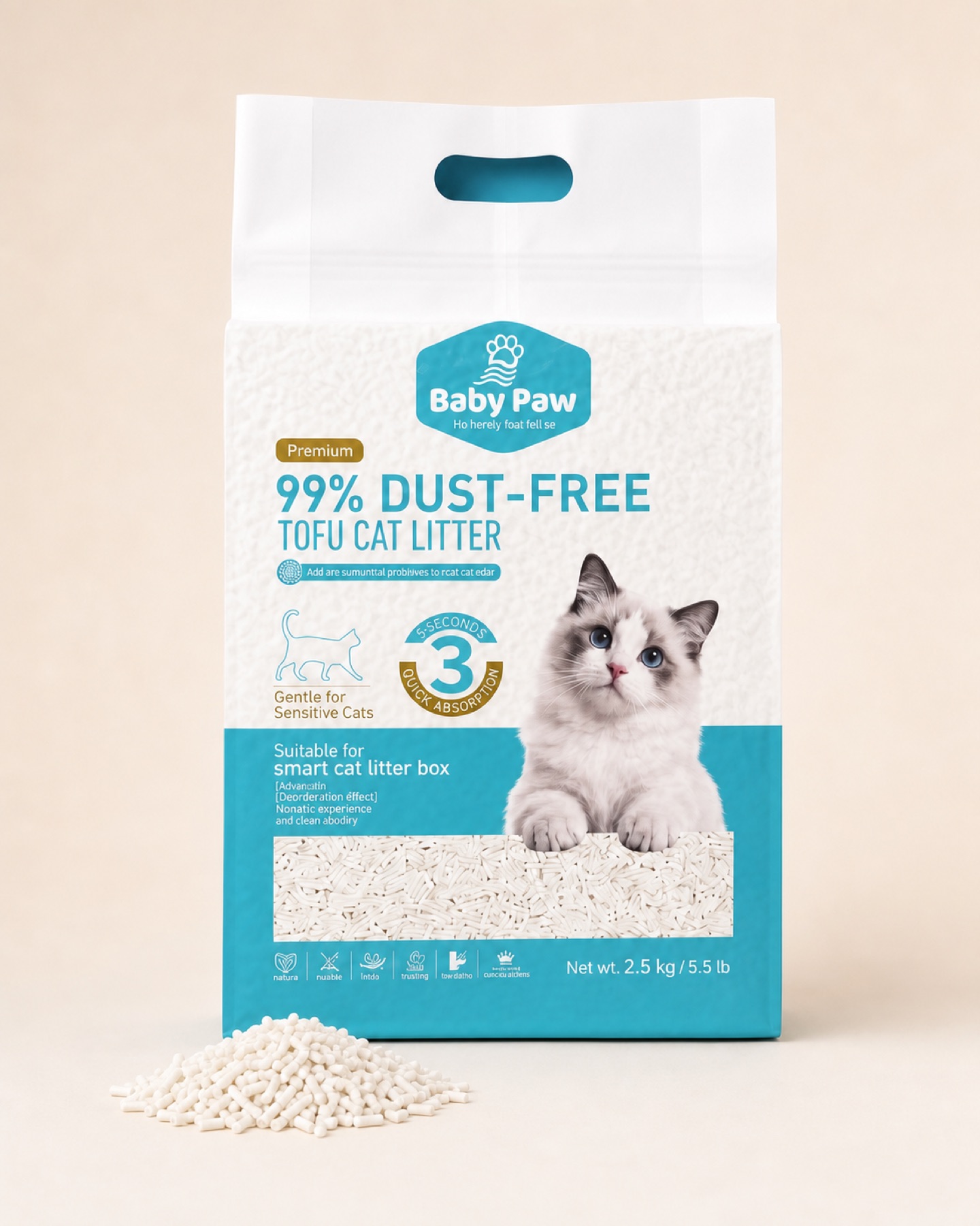 Baby Paw Natural Tofu Cat Litter packaging, 2.5 kg / 5.5 lb