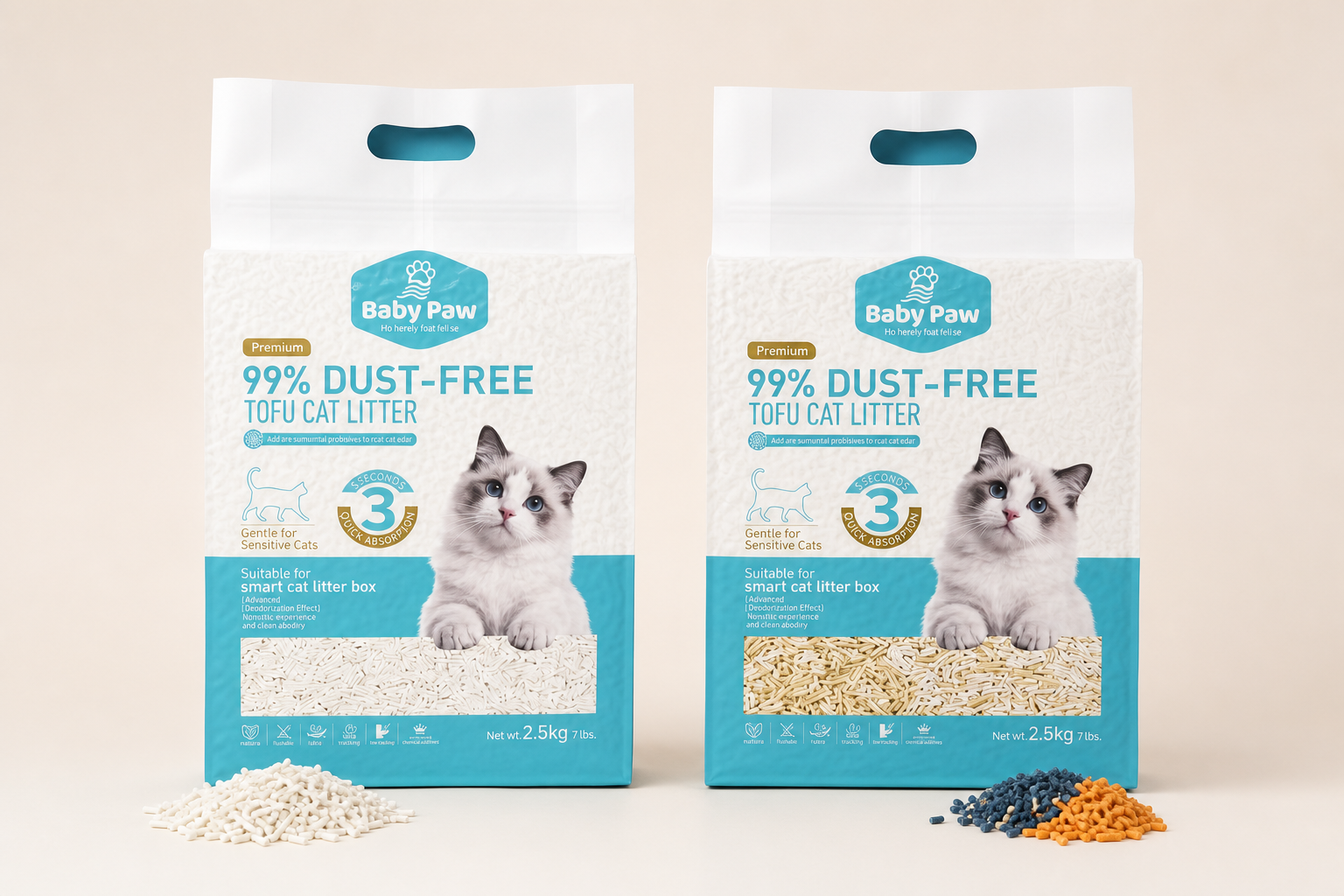 Baby Paw Natural and pH Monitoring Tofu Cat Litter packages