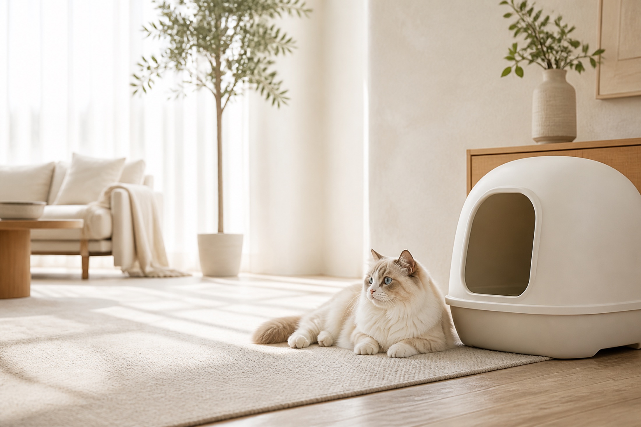 Cream-coloured cat resting beside a covered litter box in a warm modern home
