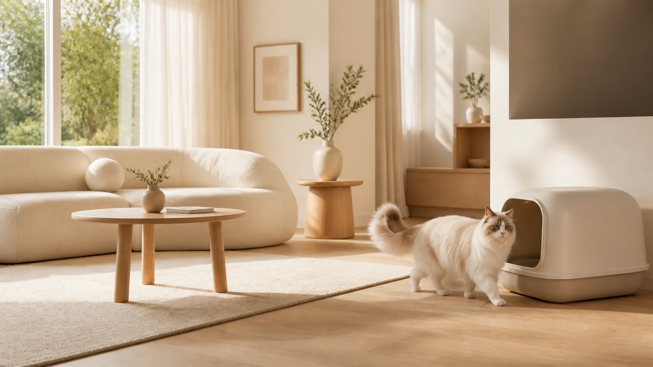 Cream-coloured cat walking through a warm modern living room